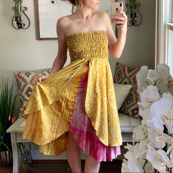 Dresses & Skirts - Boho Festival Silk Layered Strapless Dress
